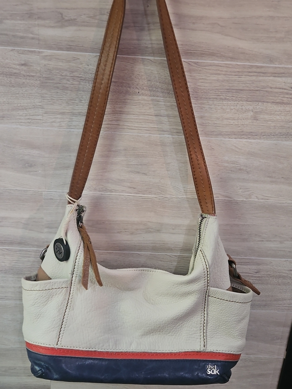 The Sak White Pebbled Leather Hobo Bag w/ Brown Straps and Navy & Red Accent